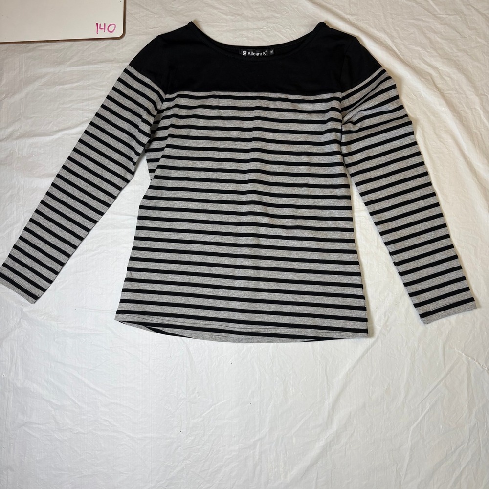 Allegra K‎ Womens Striped Long Sleeve Shirt Black Gray Crew Neck Top Size S